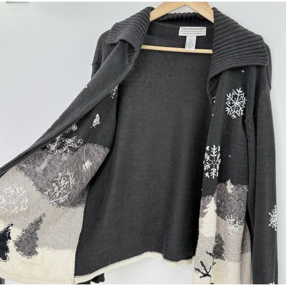 TIARA Winter Wonderland Ramie Blend Sweater Black Cardigan‎ Christmas Snowy Sz L - Picture 4 of 12